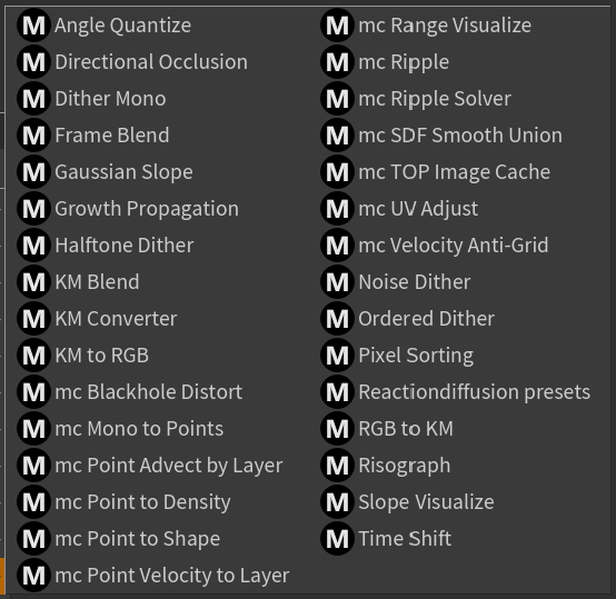 MotionCOPs v1.4 node catalog — simulation, stylization, analysis, layer bridges, time utilities, and color tools