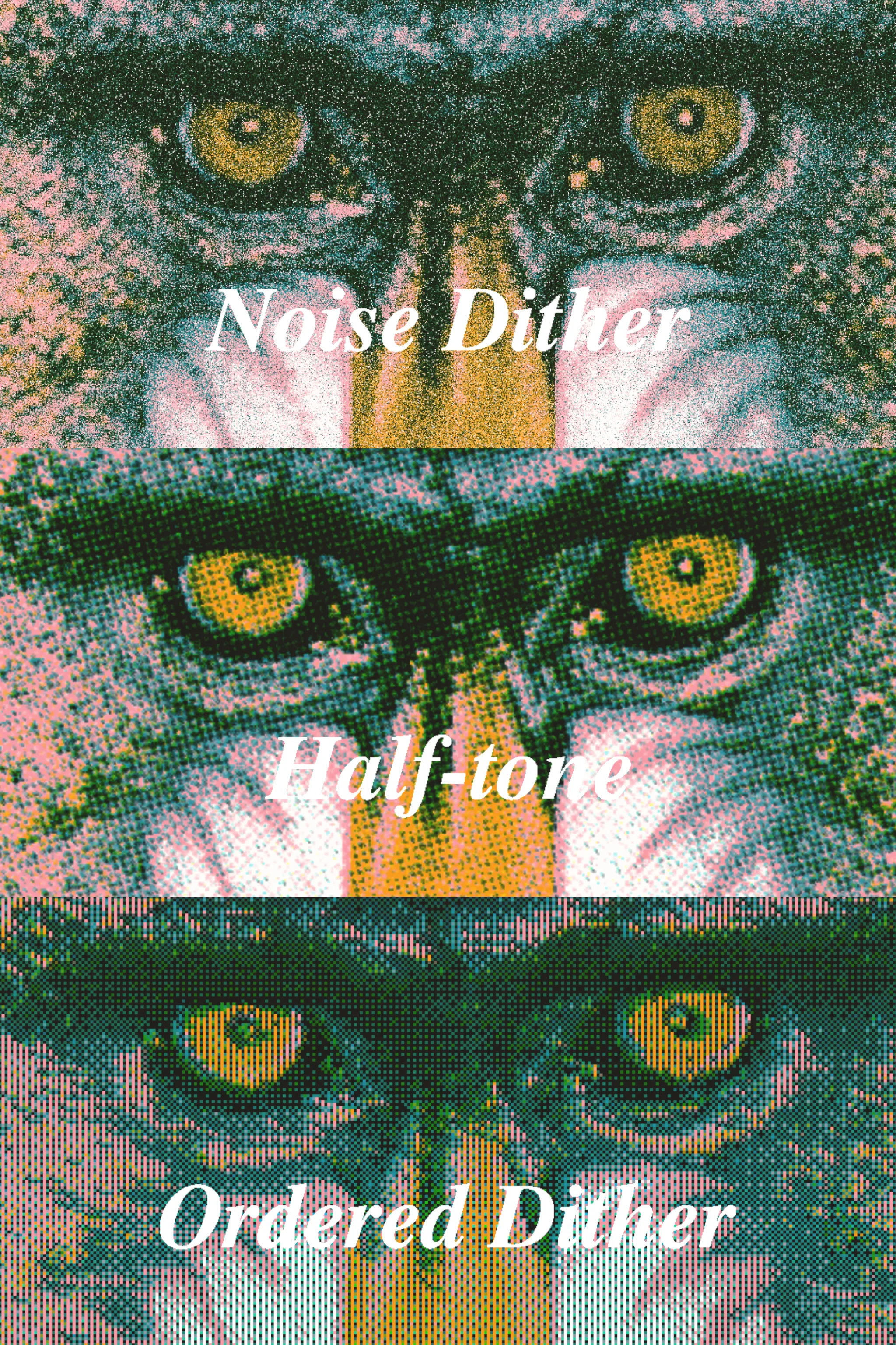 Dither-mode comparison — noise, halftone, and ordered structures at print-detail scale
