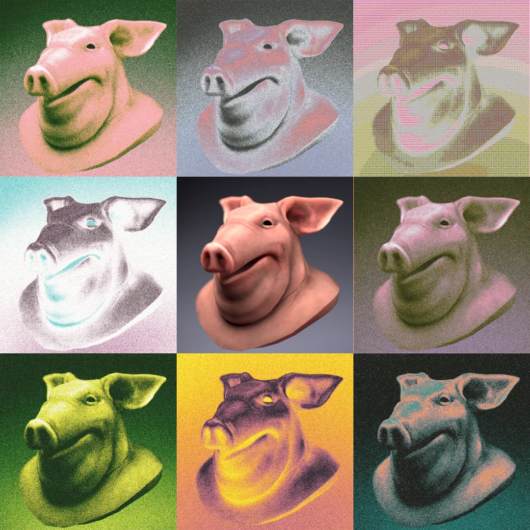 Nine palette and dither variations from the procedural Risograph workflow