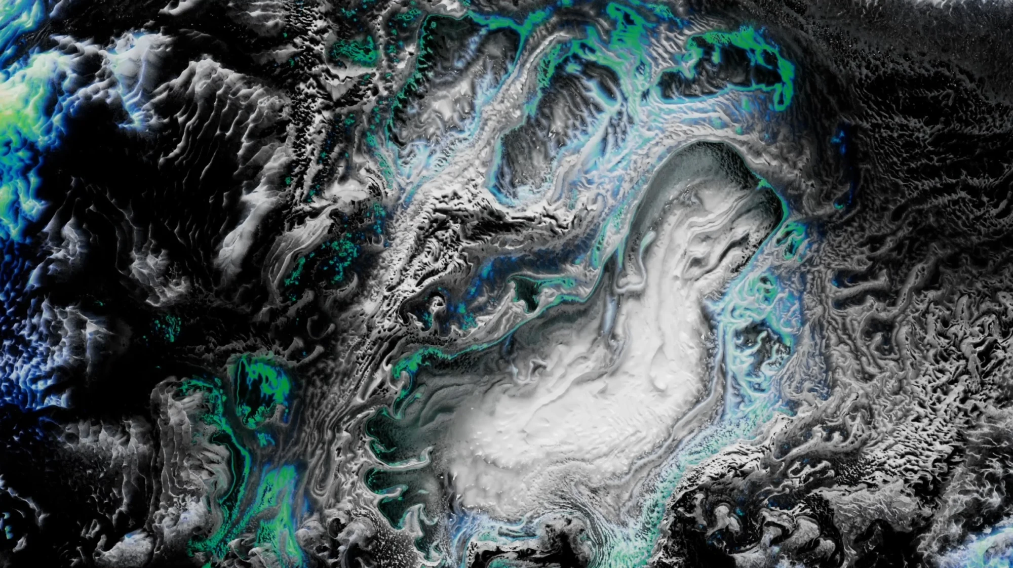 Edge-of-Chaos Fluid — a blue, green, black, and white fluid-field composition made with MotionCOPs