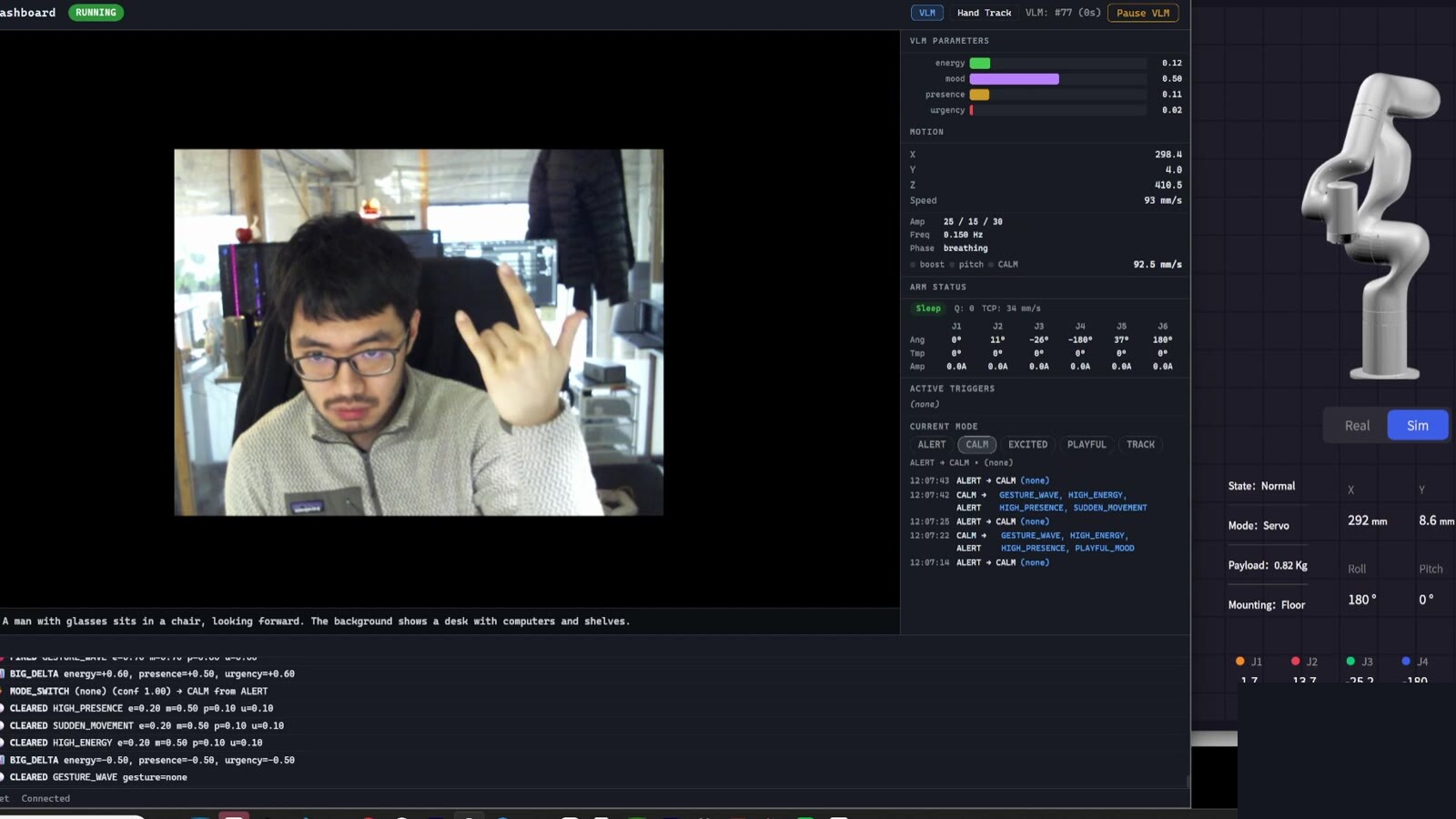 VLM interaction mode — scene parameters, gesture state, arm telemetry, and the live camera feed in one debugging dashboard